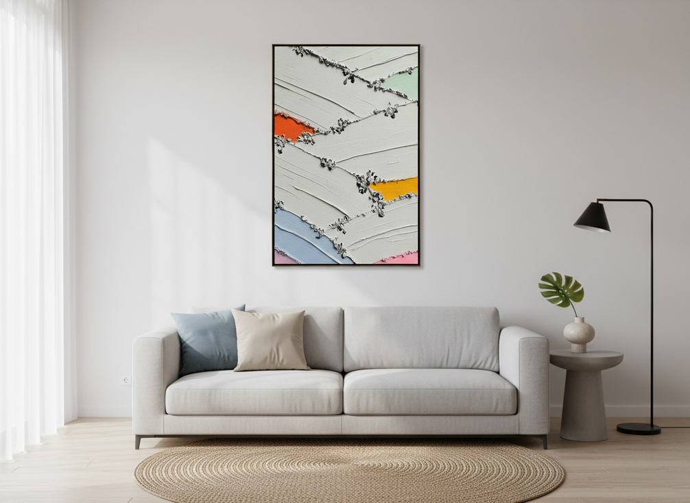 Textured abstract original wall art in a modern living room setting
