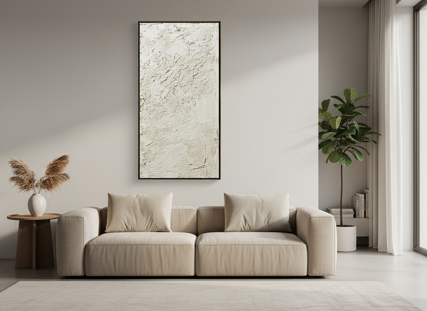 Textured oil painting displayed in a calm living room with steady indoor climate, shown as a framed wall artwork in a home setting