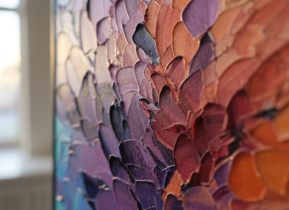Close-up of a textured oil painting surface with raised paint ridges catching dust under side light