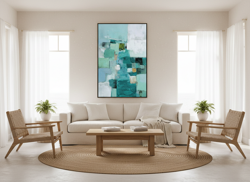 Textured coastal abstract painting in a bright beach home living room