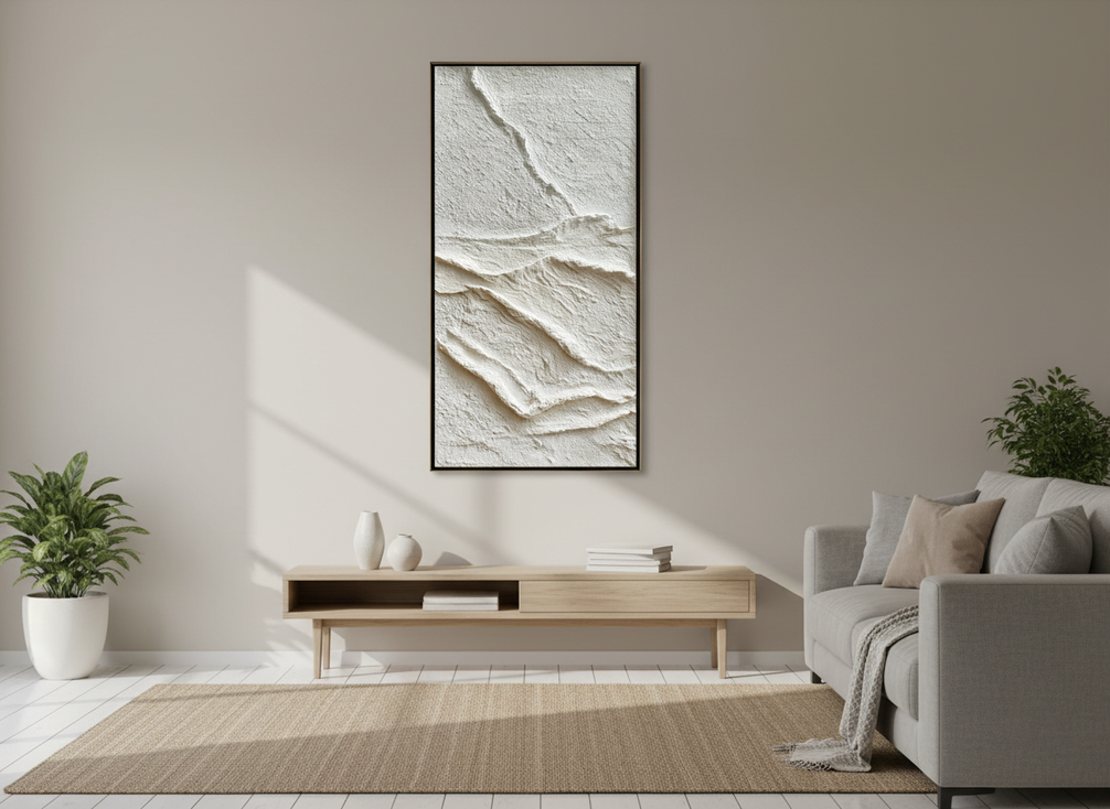 Textured abstract wall art with moderate surface depth displayed in a bright modern living room
