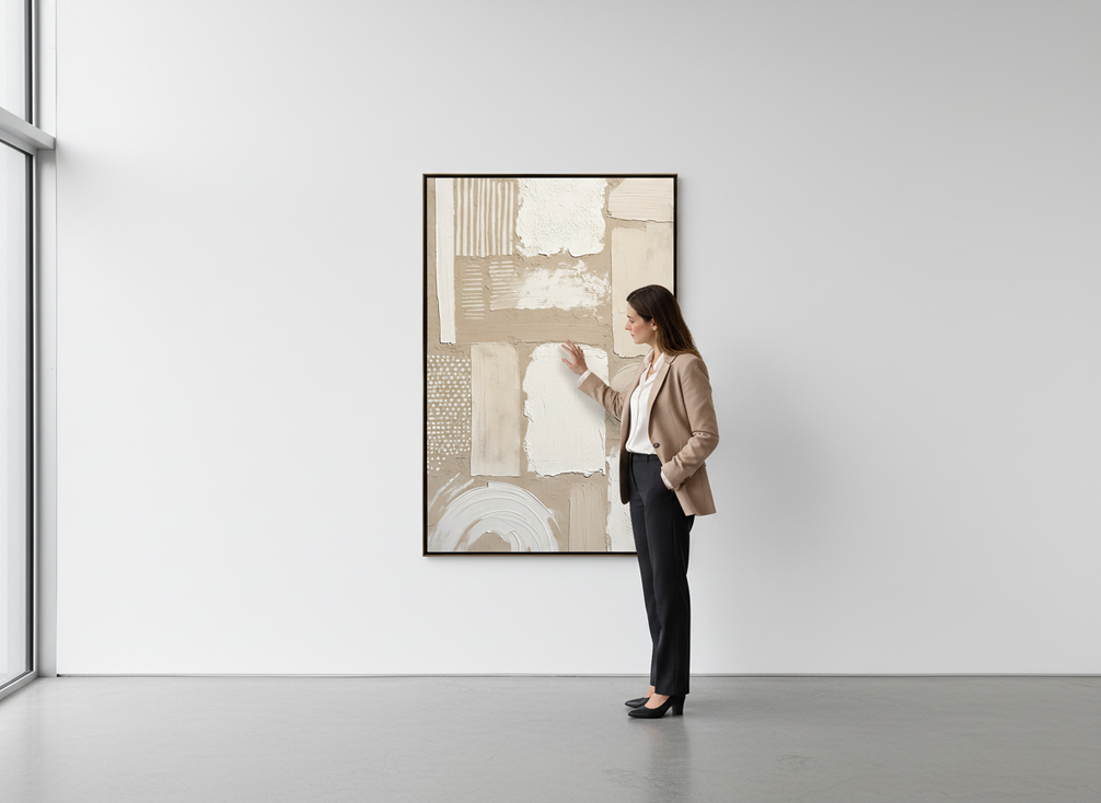 Original textured abstract painting displayed on a gallery wall while a buyer examines the surface and edges up close