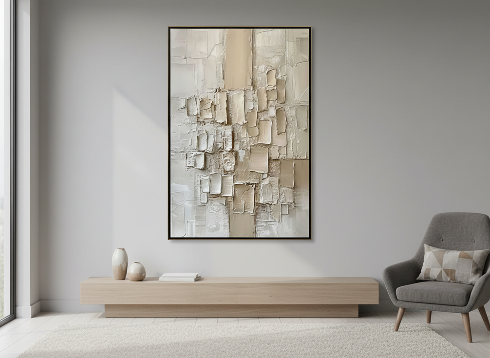 Textured abstract oil painting on a wall in a modern living room, shown as a framed original art piece