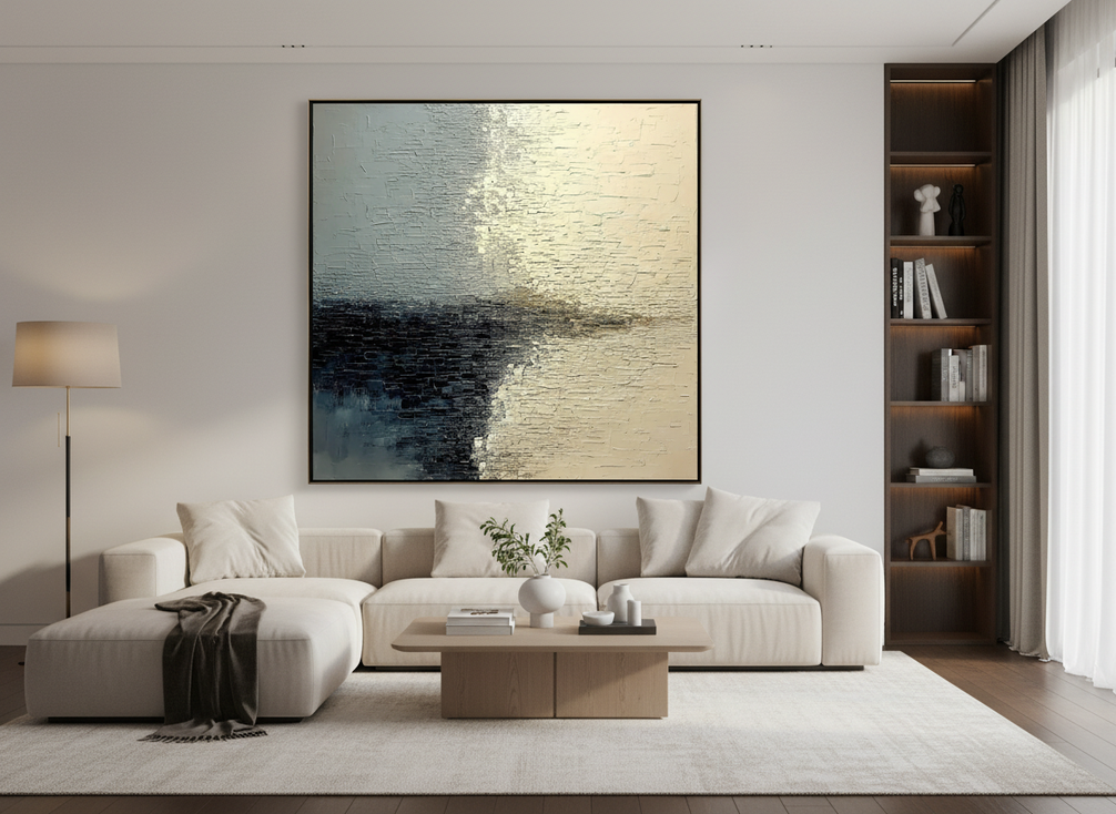 Textured abstract wall art with raised surface detail on display in a modern living room