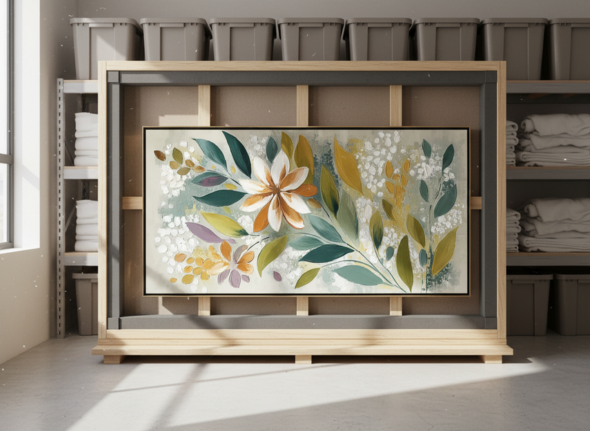 Original textured abstract painting stored upright in a padded art storage area, protected from contact and pressure