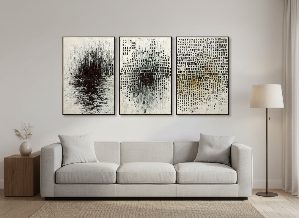 Matched multi-panel textured wall art set shown together in a bright modern room, with consistent surface relief across the panels