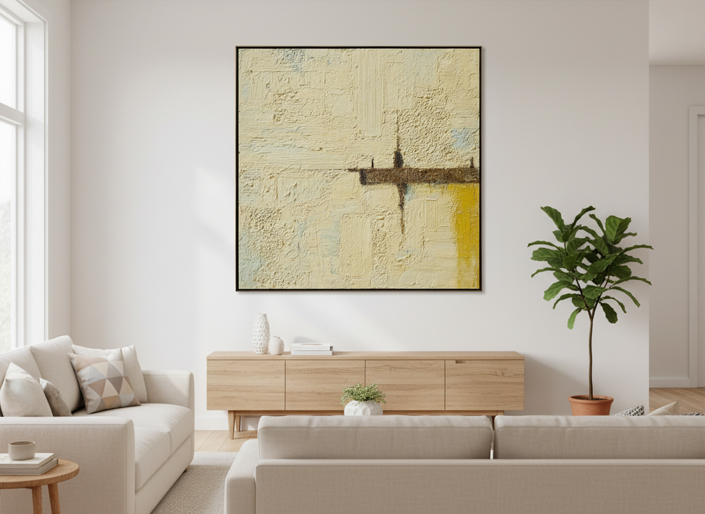 Textured abstract painting displayed as a gallery wrap in a bright modern living room, showing the finished sides and open wall presentation