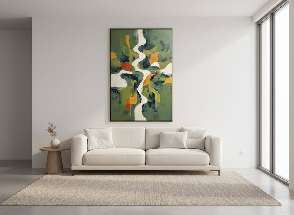 Textured landscape oil painting with raised brushstrokes on a wall in a bright modern living room