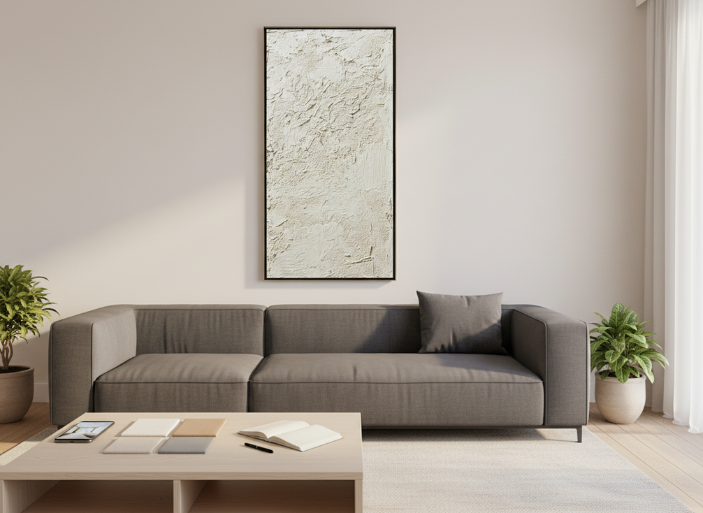 Commissioned textured abstract wall art displayed above a sofa in a bright living room, with a room photo and color swatches nearby for planning the palette