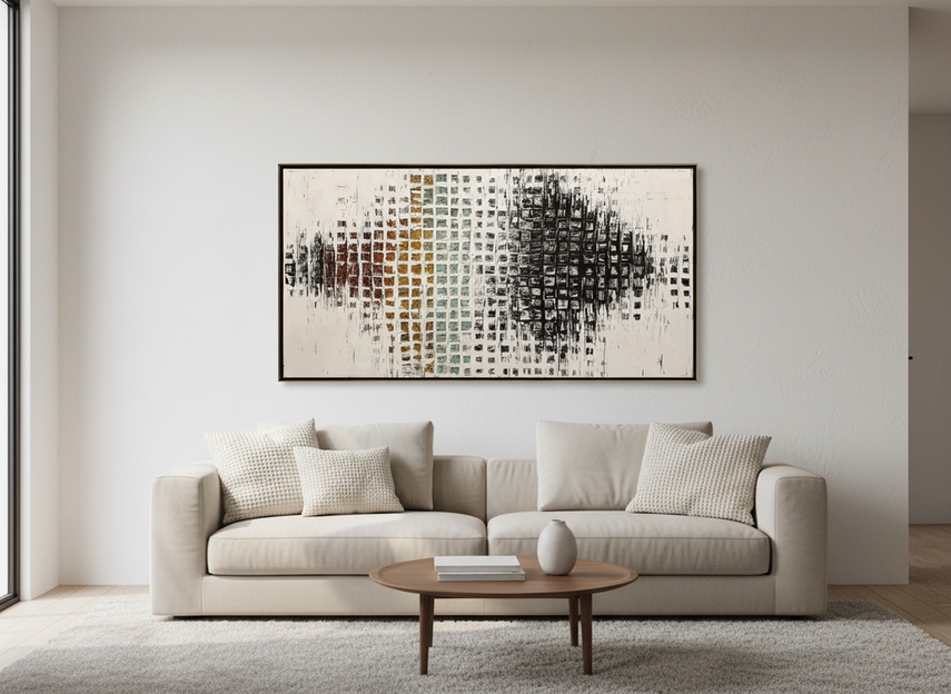 Large textured abstract wall art in a minimalist living room above a sofa