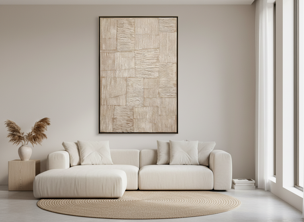 Large textured abstract wall art in a modern living room with calm neutral furniture and plenty of open wall space