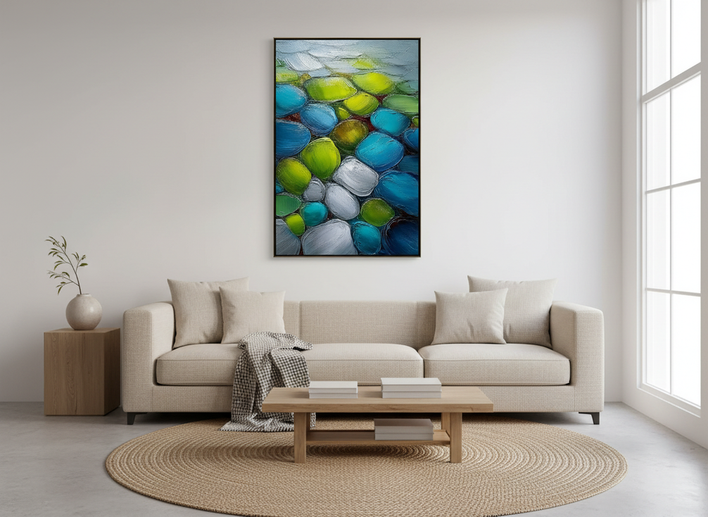 Blue and green abstract wall art on a living room wall above a sofa, shown in a modern interior with natural light