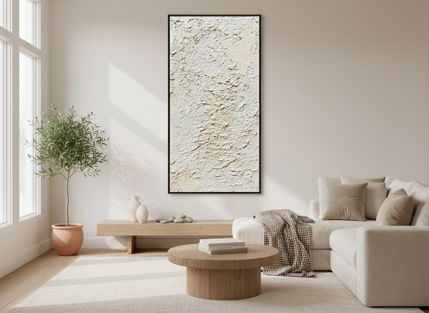 Textured neutral abstract wall art in a modern living room as a housewarming gift idea