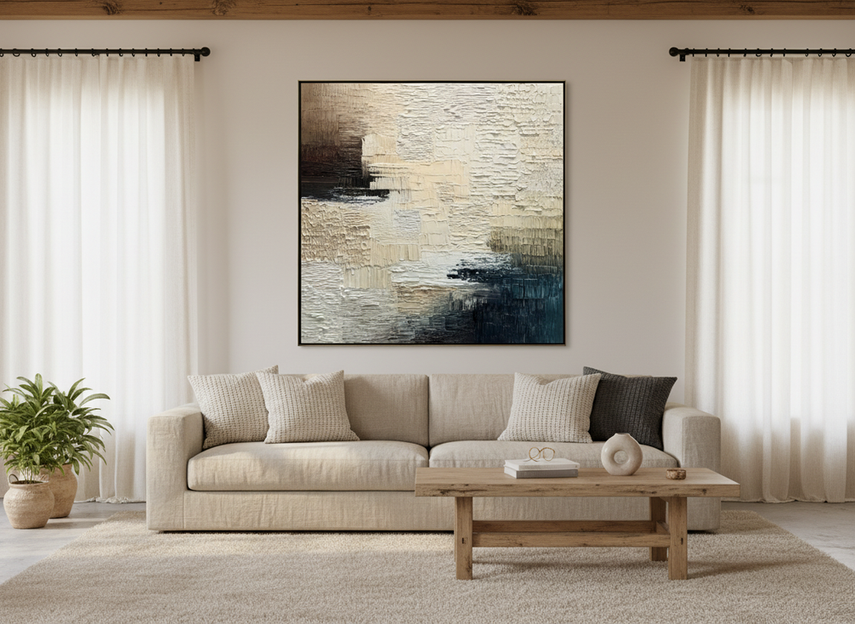 Textured neutral abstract painting styled above light wood furniture in a modern farmhouse living room