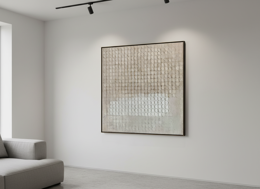 Textured abstract wall art with visible raised surface, shown as a room-style gallery product photo