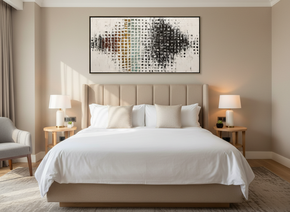 Textured abstract hotel bedroom wall art above a boutique hotel bed in a softly lit guest room