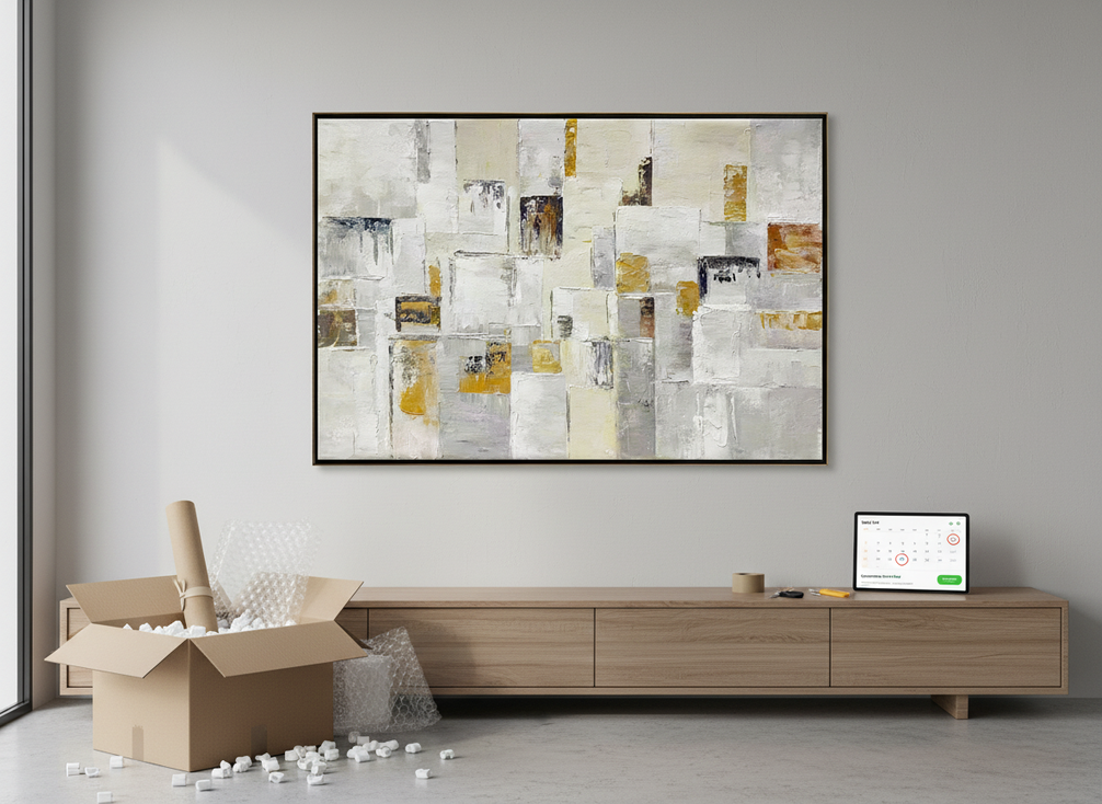 Framed artwork in a bright room with packing materials and a visible delivery calendar nearby