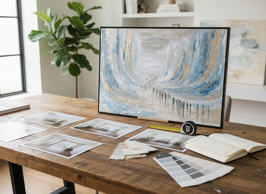 Custom abstract painting consultation setup with wall photos, measuring tape, and color swatches on a worktable