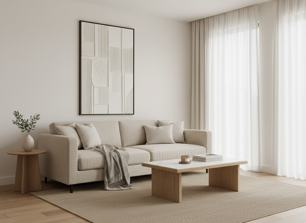 Textured wall art in a vacation rental living room above a sofa, styled as a calm focal point in a well-kept modern interior
