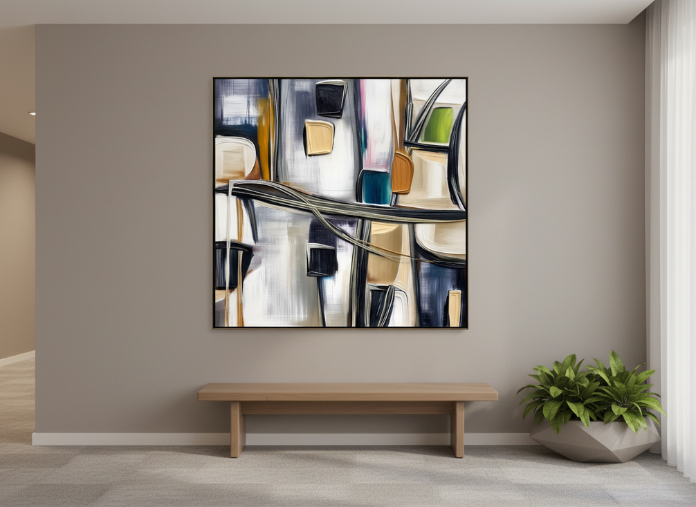 Abstract wall art in a hotel-style room, shown as a replacement-ready piece on a neutral wall with a simple chair below.