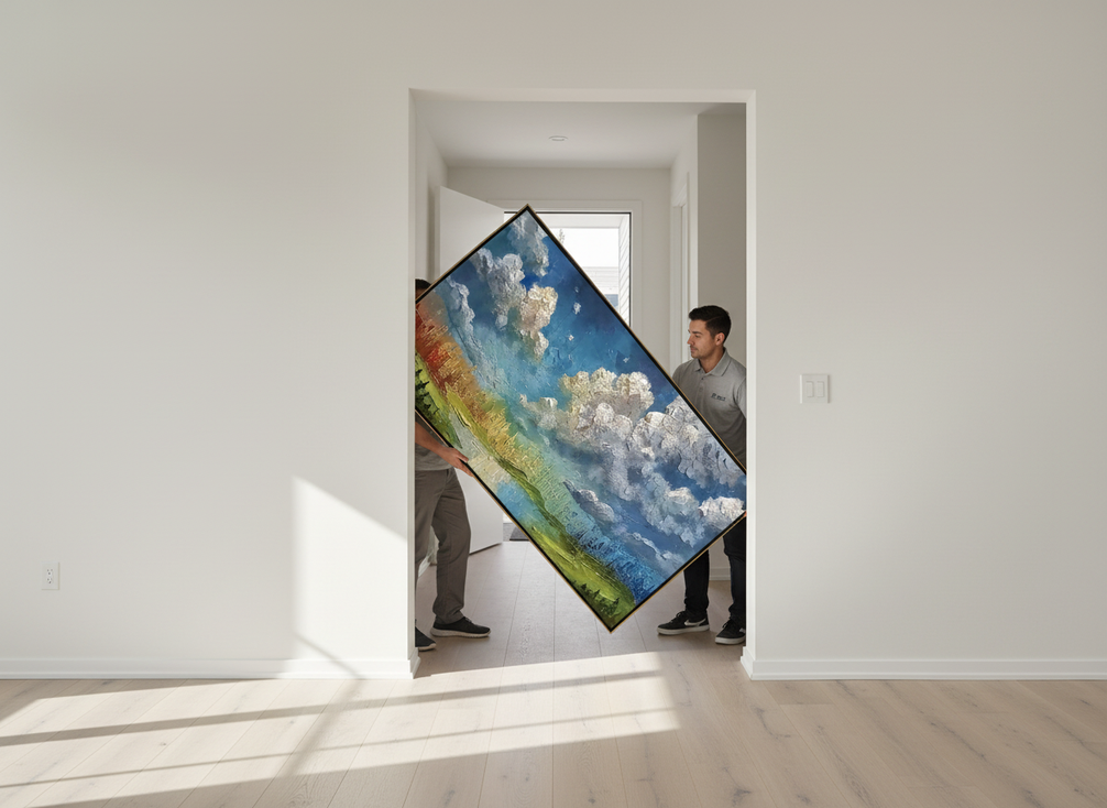 Large framed wall art being carried through a narrow home doorway during delivery planning
