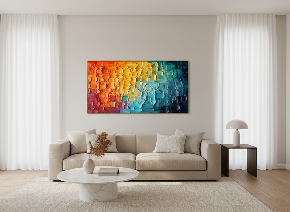 Colorful abstract wall art in a sophisticated neutral living room above a sofa