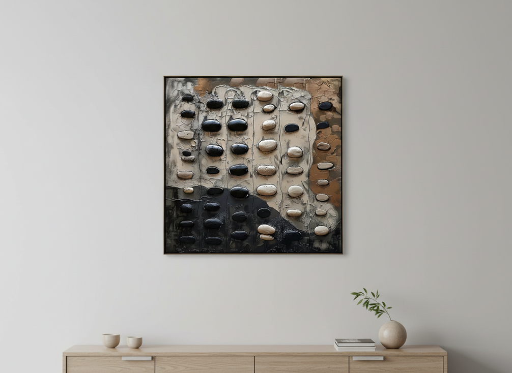 Textured abstract wall art shown straight on in a bright room, with visible surface relief across the full composition