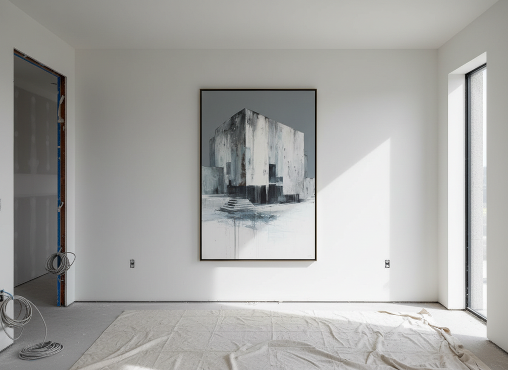Textured abstract wall art in a bright modern new home, shown as a large statement piece beside unfinished interior framing and plan documents