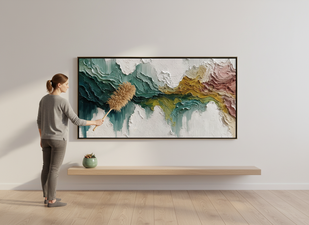 Textured wall art piece on a living room wall being lightly dusted with a soft brush while another hand steadies the frame