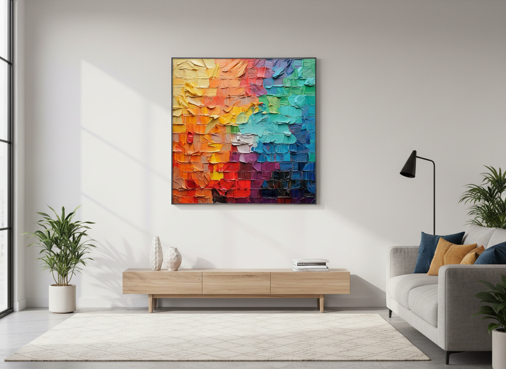 Original abstract painting displayed as wall art in a modern living room