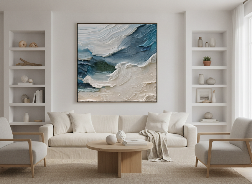 A textured seascape painting on a light wall above a neutral sofa in a bright coastal-style living room
