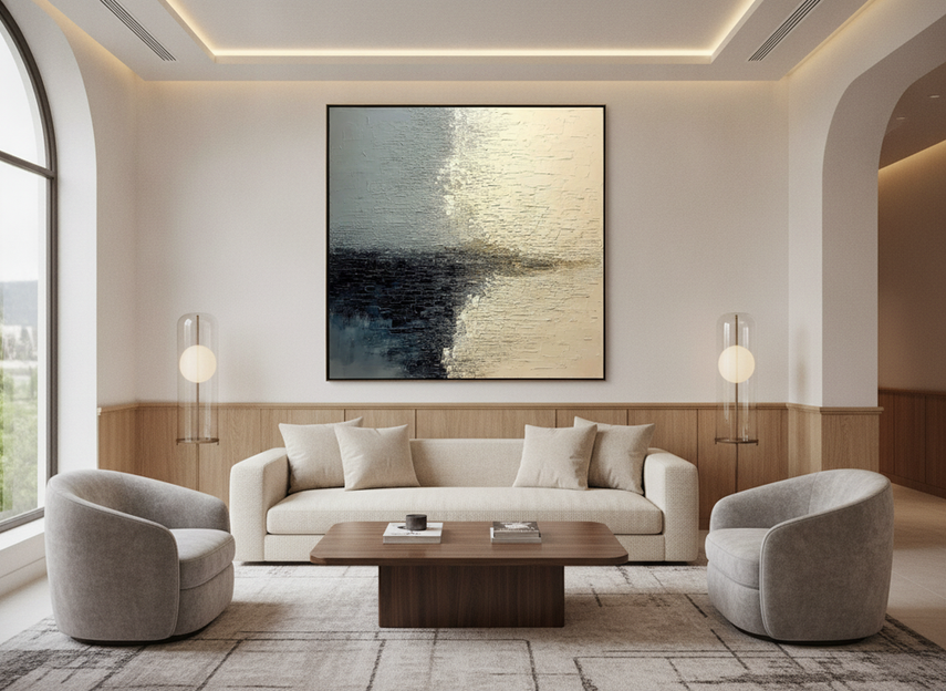 Large textured abstract wall art in a hotel lobby reception area, shown as a focal piece above a seating bench with warm daylight and soft shadows