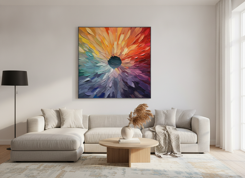 Textured abstract canvas artwork on a living room wall lit from the side by a focused light, showing visible brushwork and soft shadows