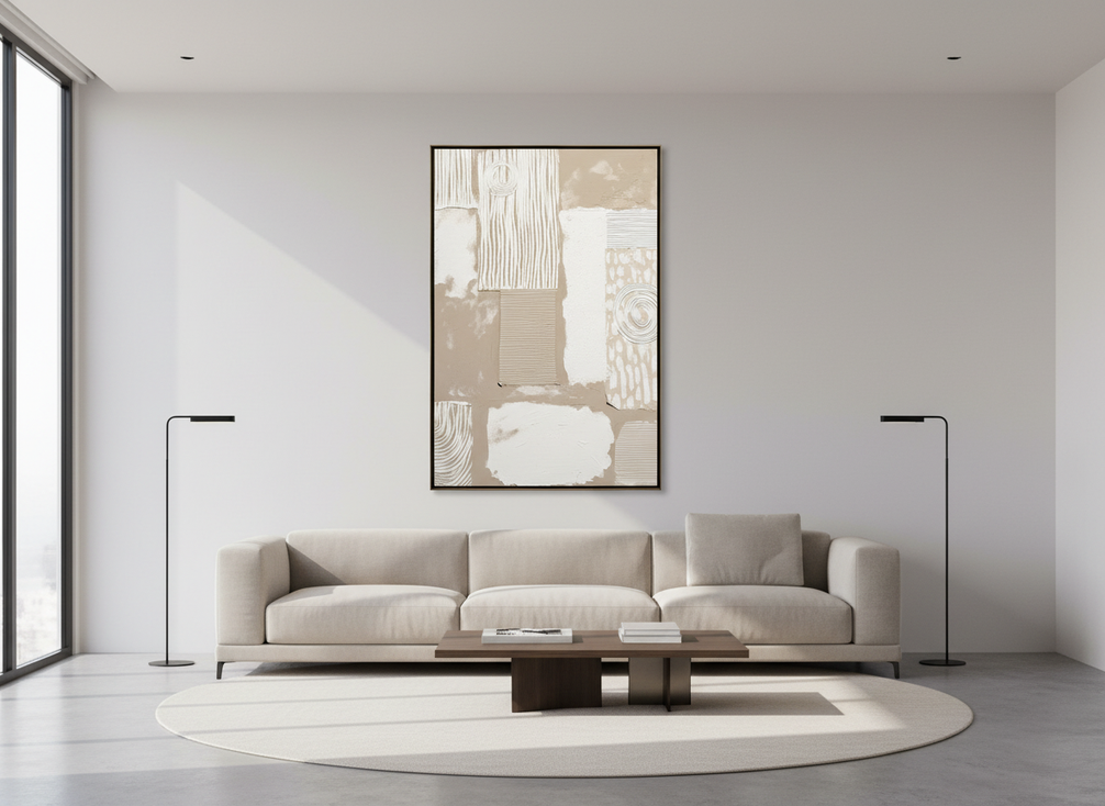 Large textured abstract painting in a modern living room with tall ceilings, shown above a low sofa to illustrate scale and wall proportion.