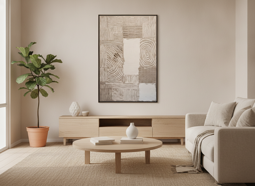 Textured wall art in a modern living room, shown as a large neutral abstract relief piece above a sofa with soft daylight and visible shadow play.