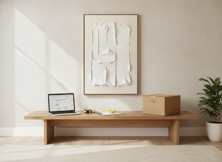 Original artwork listing shown alongside a laptop, notebook, measuring tape, and shipping details for comparing what is included before buying online.