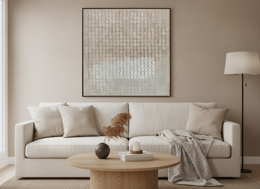 Textured abstract wall art in neutral tones styled above a sofa in a calm living room