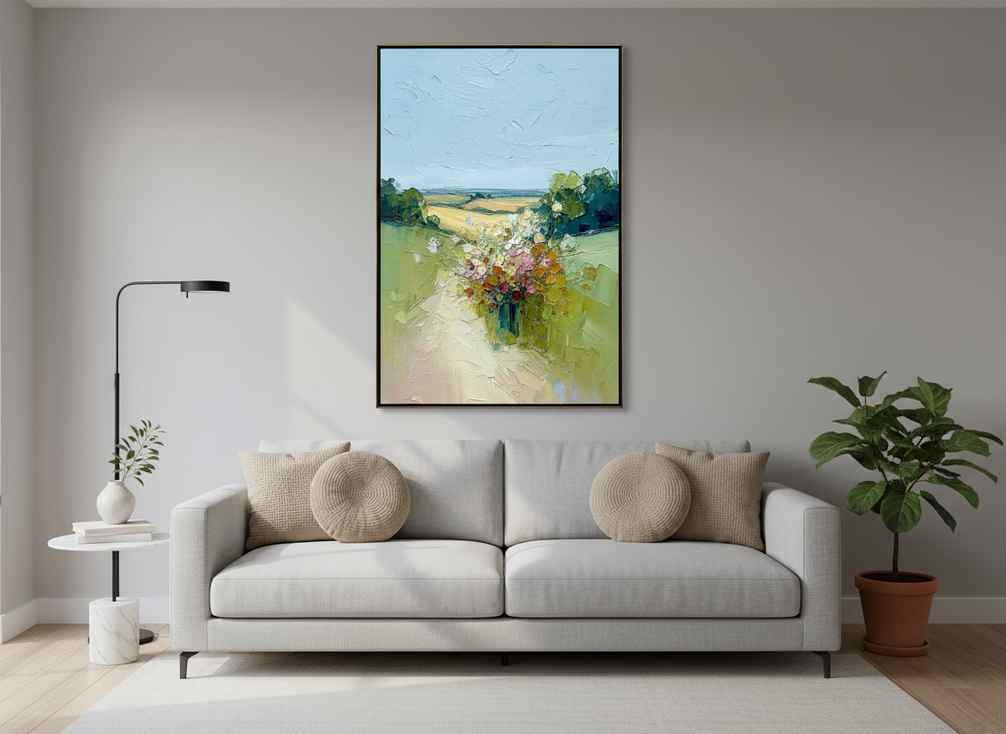 Framed landscape wall art above a sofa in a small living room, styled as a broad hero scene
