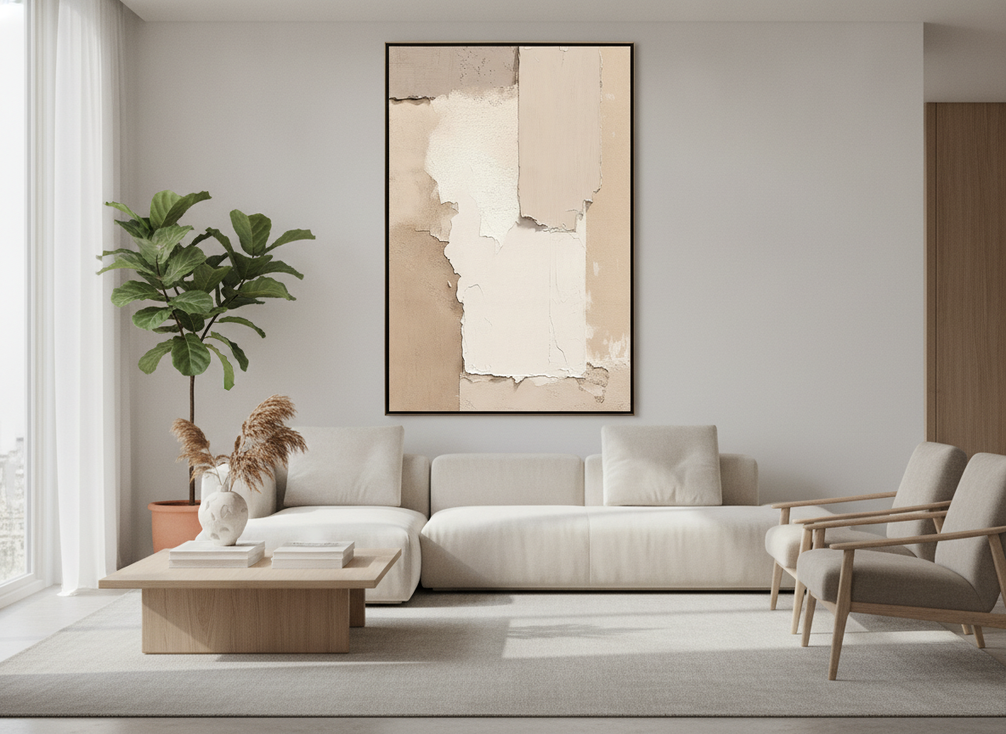Contemporary abstract painting displayed above a sofa in a bright living room