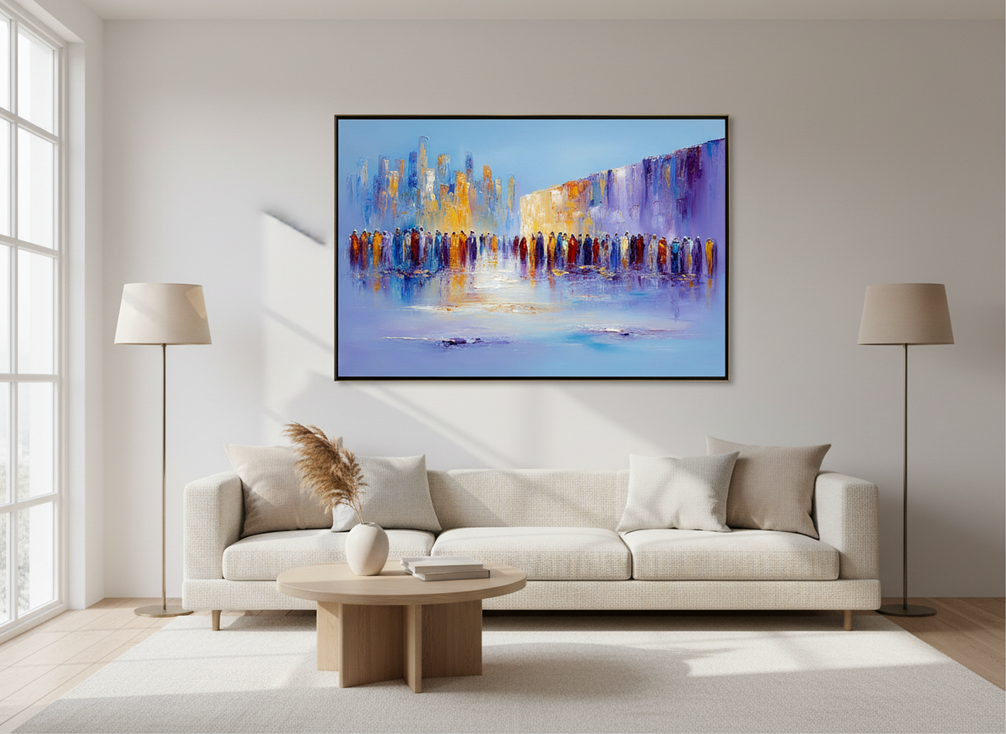 Abstract figurative wall art for a modern living room in a bright interior
