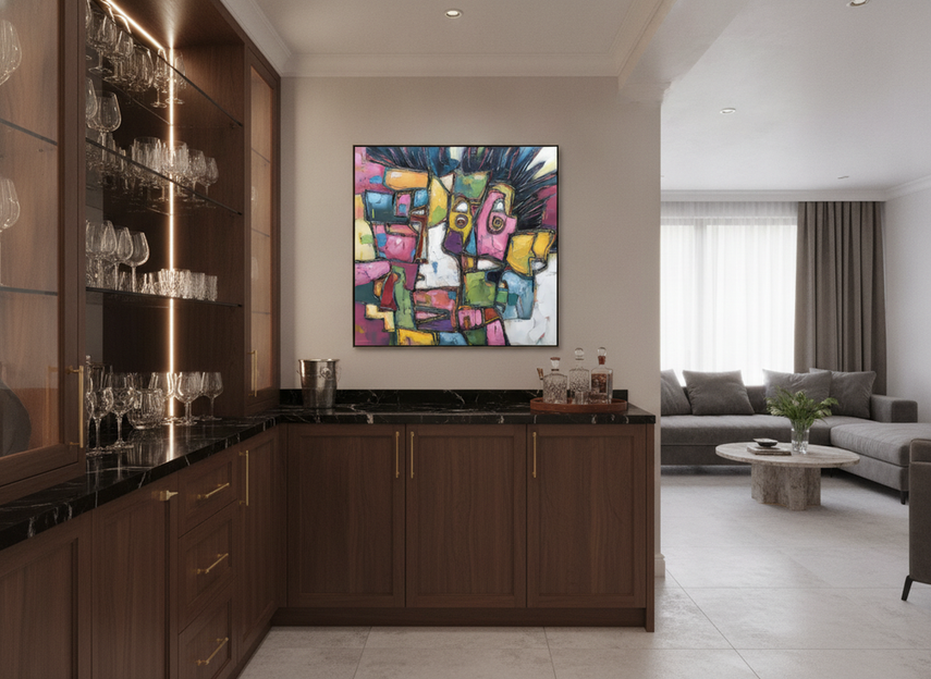 Textured abstract painting displayed as a stylish hero piece in a home bar setting