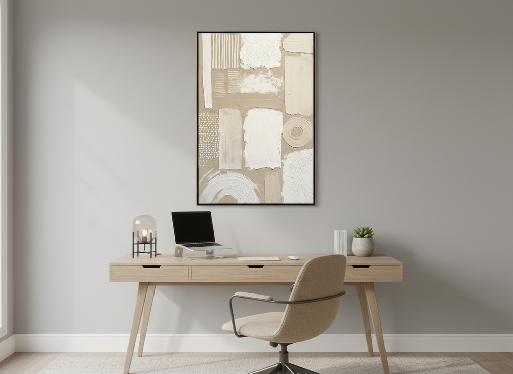 Abstract textured wall art above a desk in a home office used for video calls, shown in a neutral workspace background
