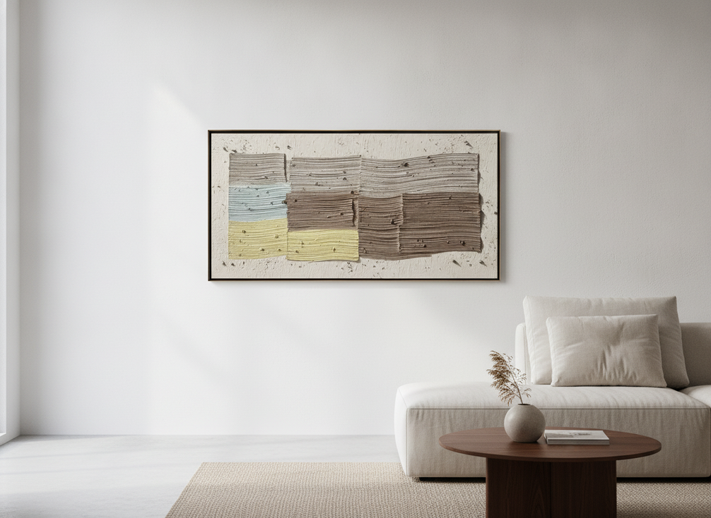 Textured wabi sabi abstract wall art in a neutral palette shown as a calm home decor hero