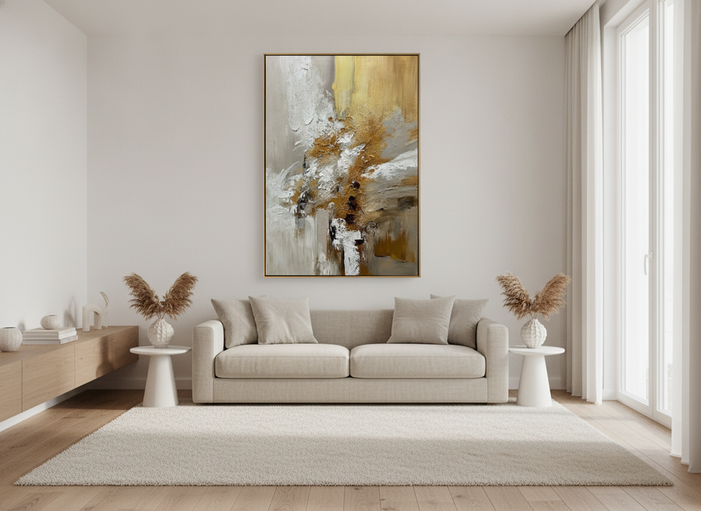 Textured abstract painting in beige, white, and gold shown above a sofa in a bright modern living room