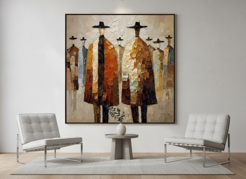 Abstract artwork with bold color contrasts and layered texture on a wall in a modern room