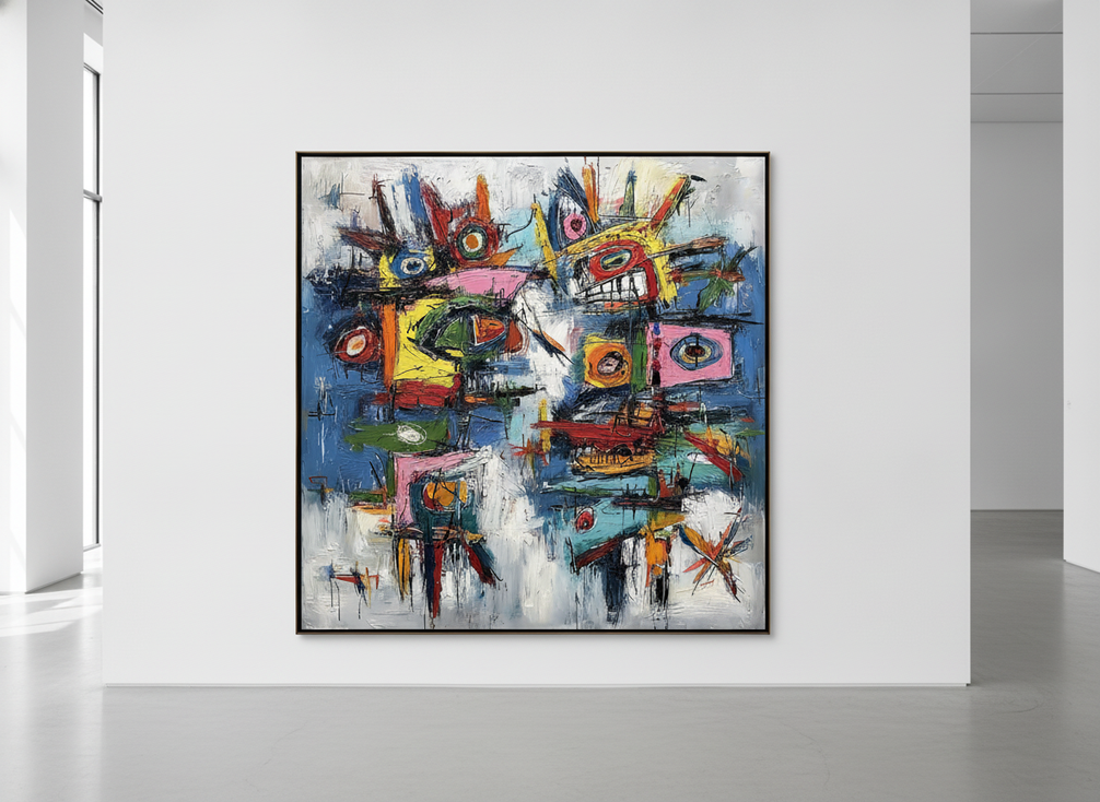 Jackson Pollock-style abstract painting with energetic layered drips and sweeping movement across a large canvas