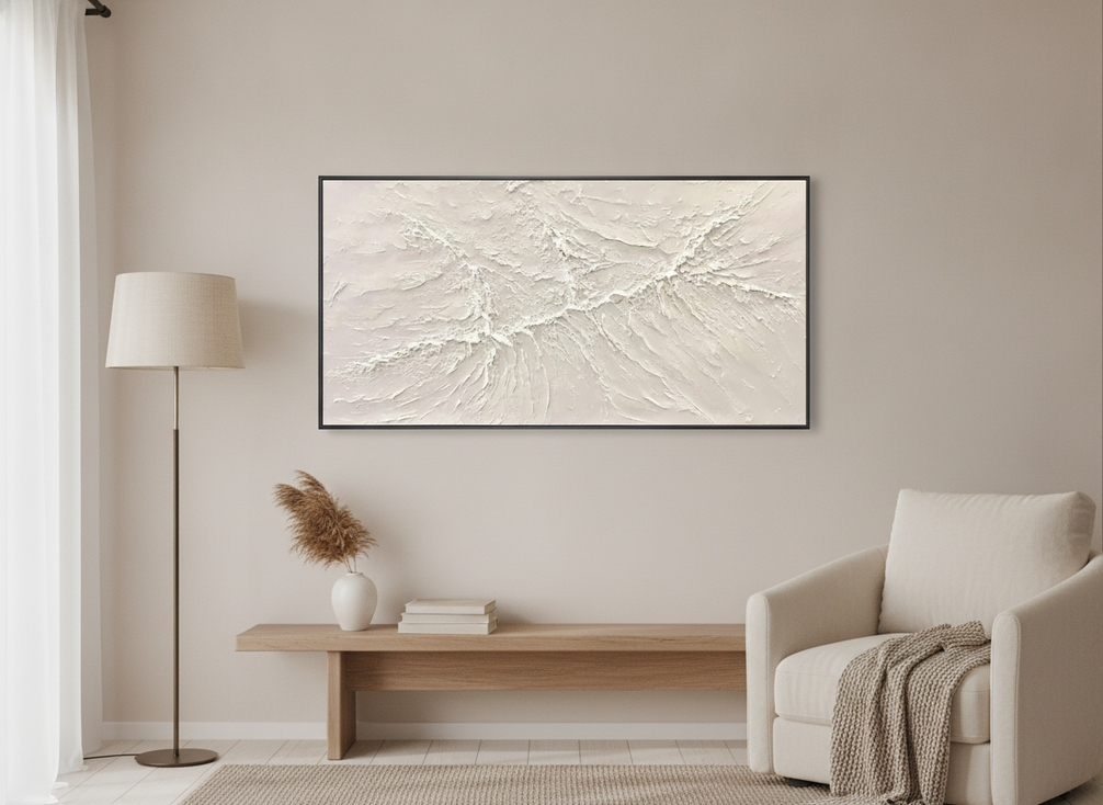 Framed abstract wall art shown in a living room, front view