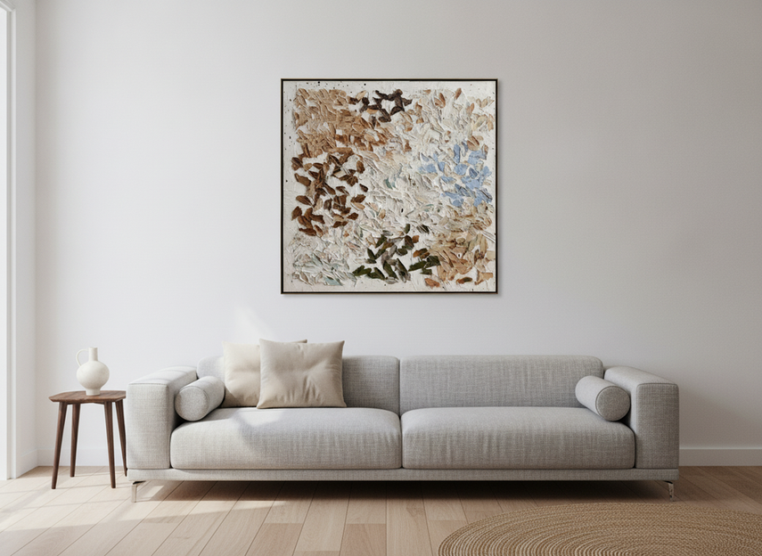 Custom wall art sizing comparison with a sofa, wall space, and a tape measure showing usable width