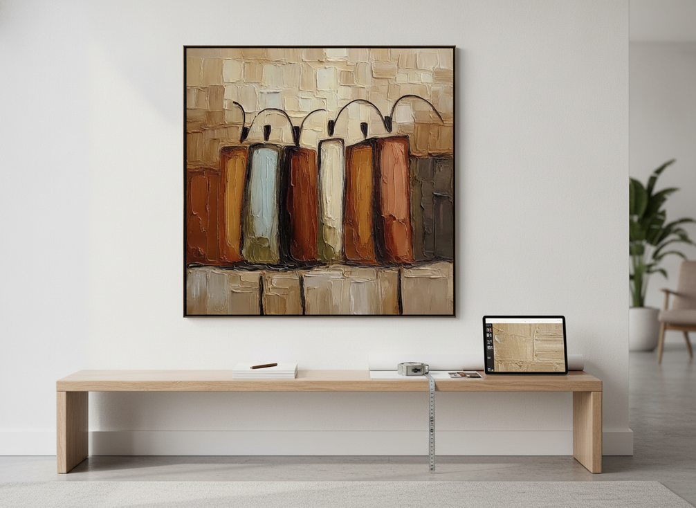 Finished custom wall art preview shown on a screen beside a flat lay of order notes and a measuring tape