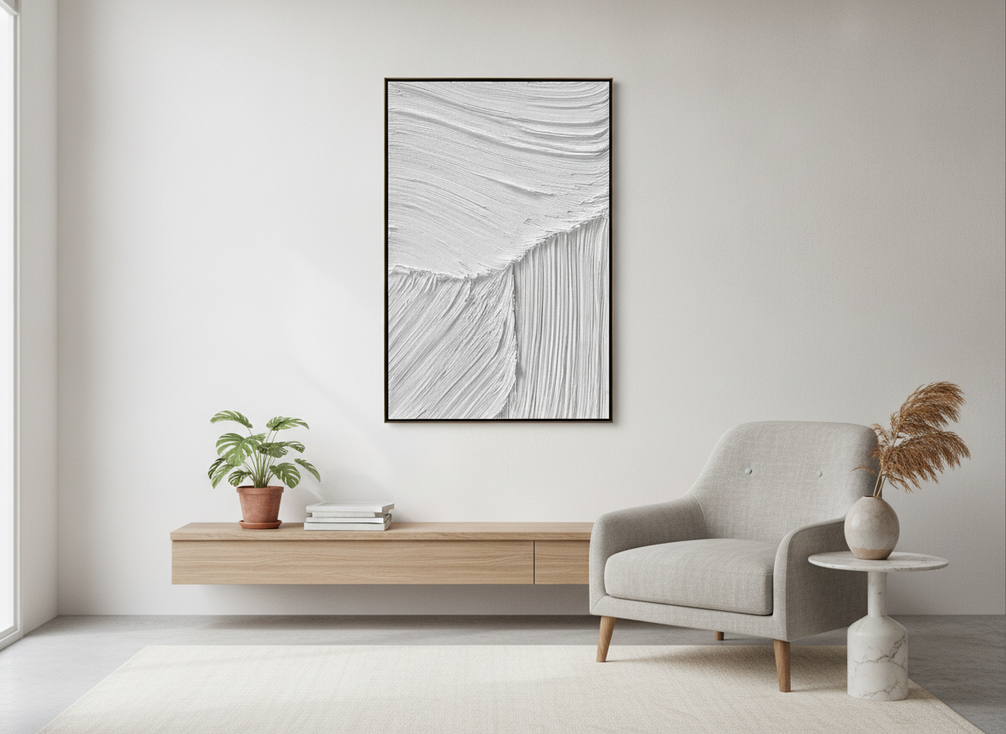 Textured abstract wall painting in a modern interior, shown as a ready-to-ship finished artwork